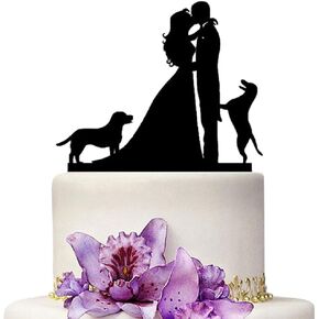 Wedding Cake Toppers Dogs Black Acrylic Cake Topper of Engagement and Wedding with Bride and Groom