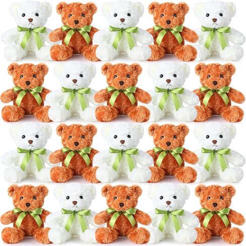 HyDren 24 Pcs Bear Bulk Plush Stuffed Animals 10 Inch Cute Soft Stuffed Bear with Green Bow for Baby Shower Birthday Gift Party (Light Brown, White) in Saudi Arabia