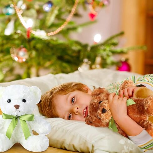 HyDren 24 Pcs Bear Bulk Plush Stuffed Animals 10 Inch Cute Soft Stuffed Bear with Green Bow for Baby Shower Birthday Gift Party (Light Brown, White) in Saudi Arabia