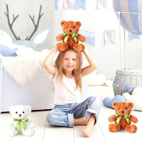 HyDren 24 Pcs Bear Bulk Plush Stuffed Animals 10 Inch Cute Soft Stuffed Bear with Green Bow for Baby Shower Birthday Gift Party (Light Brown, White) in Saudi Arabia