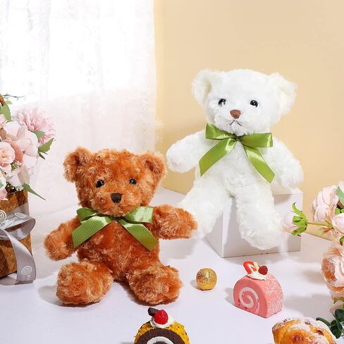 HyDren 24 Pcs Bear Bulk Plush Stuffed Animals 10 Inch Cute Soft Stuffed Bear with Green Bow for Baby Shower Birthday Gift Party (Light Brown, White) in Saudi Arabia