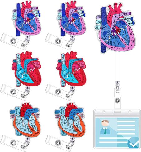 Tondiamo 6 Pcs Heart Badge Reel with ID Name Card Tag Retractable Cardiac Phlebotomy Badge Reel Holder Acrylic Nurse Clip for Student Doctor Hospital Medical Assistant Work Accessories in Saudi Arabia