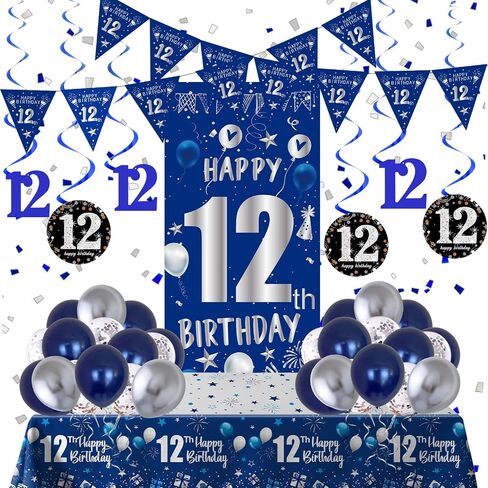 12th Birthday Decorations for Boys Girls, Blue Silver Happy 12th Birthday Party Decorations Supplies - 12th Birthday Backdrop Banner Tablecloth Triangle Flag Balloons for 12 Year Old Party in Saudi Arabia