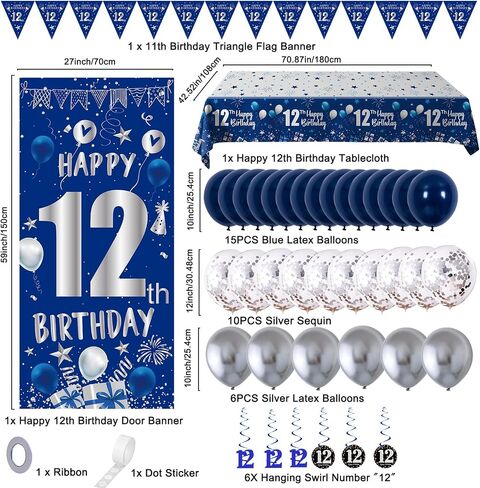 12th Birthday Decorations for Boys Girls, Blue Silver Happy 12th Birthday Party Decorations Supplies - 12th Birthday Backdrop Banner Tablecloth Triangle Flag Balloons for 12 Year Old Party in Saudi Arabia