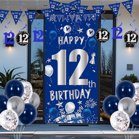 12th Birthday Decorations for Boys Girls, Blue Silver Happy 12th Birthday Party Decorations Supplies - 12th Birthday Backdrop Banner Tablecloth Triangle Flag Balloons for 12 Year Old Party in Saudi Arabia