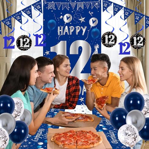 12th Birthday Decorations for Boys Girls, Blue Silver Happy 12th Birthday Party Decorations Supplies - 12th Birthday Backdrop Banner Tablecloth Triangle Flag Balloons for 12 Year Old Party in Saudi Arabia