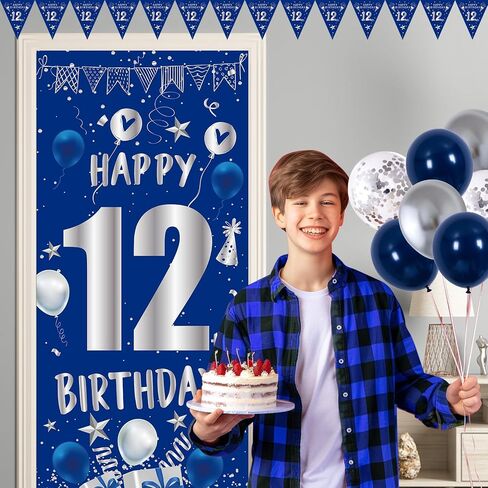 12th Birthday Decorations for Boys Girls, Blue Silver Happy 12th Birthday Party Decorations Supplies - 12th Birthday Backdrop Banner Tablecloth Triangle Flag Balloons for 12 Year Old Party in Saudi Arabia