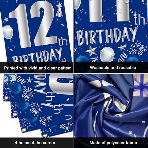 12th Birthday Decorations for Boys Girls, Blue Silver Happy 12th Birthday Party Decorations Supplies - 12th Birthday Backdrop Banner Tablecloth Triangle Flag Balloons for 12 Year Old Party in Saudi Arabia