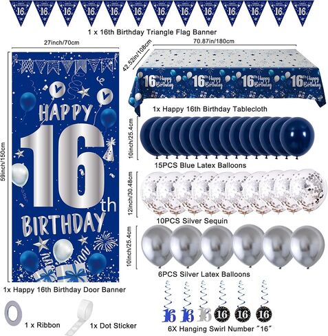 12th Birthday Decorations for Boys Girls, Blue Silver Happy 12th Birthday Party Decorations Supplies - 12th Birthday Backdrop Banner Tablecloth Triangle Flag Balloons for 12 Year Old Party in Saudi Arabia