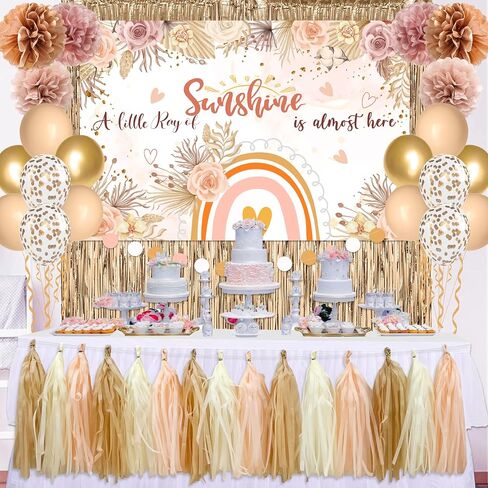 Boho Baby Shower Decorations for Girl A Little Ray of Sunshine Daisy Boho Backdrop Blush Pink Balloons Dusty Rose Paper PomPoms Champagne Fringe Curtain for Boho Rainbow Birthday Baby Shower Decor in Kuwait