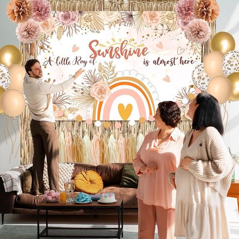 Boho Baby Shower Decorations for Girl A Little Ray of Sunshine Daisy Boho Backdrop Blush Pink Balloons Dusty Rose Paper PomPoms Champagne Fringe Curtain for Boho Rainbow Birthday Baby Shower Decor in Kuwait