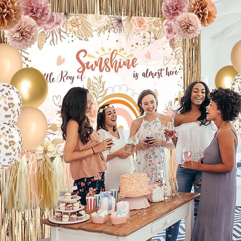 Boho Baby Shower Decorations for Girl A Little Ray of Sunshine Daisy Boho Backdrop Blush Pink Balloons Dusty Rose Paper PomPoms Champagne Fringe Curtain for Boho Rainbow Birthday Baby Shower Decor in Kuwait