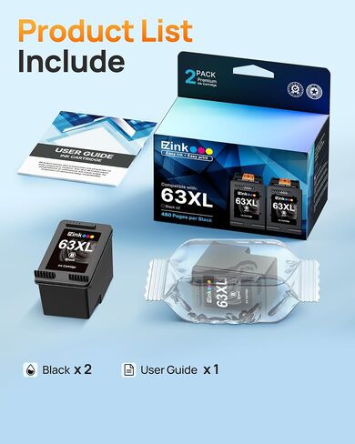 E-Z Ink Remanufactured Ink Replacement for HP Ink 63 63XL Black High-Yield Ink Cartridge to Use with HP OfficeJet 3830 4650 4655 5255 5258 5200 Envy 4520 4512 DeskJet 1112 2130 3630 Printer (2 Black) in Saudi Arabia