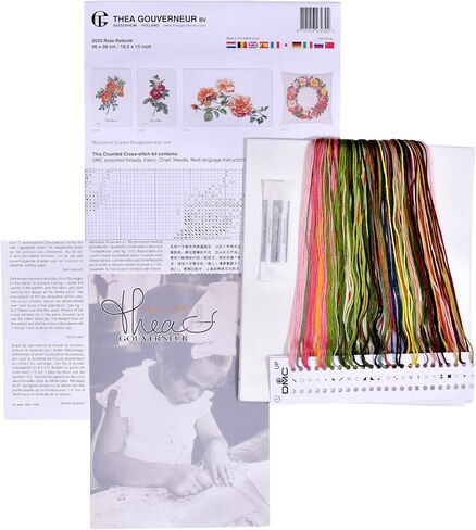 Thea Gouverneur - Counted Cross Stitch Kit - Rose Redouté - Aida - 18 Count - Embroidery Kit for Adults - DMC Embroidery Threads and Other Cross Stitch Supplies Included - 2030A in Saudi Arabia