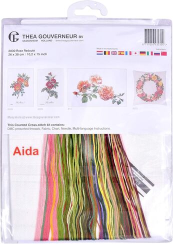 Thea Gouverneur - Counted Cross Stitch Kit - Rose Redouté - Aida - 18 Count - Embroidery Kit for Adults - DMC Embroidery Threads and Other Cross Stitch Supplies Included - 2030A in Saudi Arabia