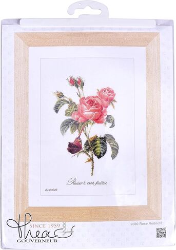 Thea Gouverneur - Counted Cross Stitch Kit - Rose Redouté - Aida - 18 Count - Embroidery Kit for Adults - DMC Embroidery Threads and Other Cross Stitch Supplies Included - 2030A in Saudi Arabia