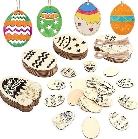 Easter Egg Wooden 40pcs Unfinished Wooden Easter Egg Hanging Ornaments for Easter Party Kids Paint Home Party Decoration Craft Project (Color-A) in Kuwait