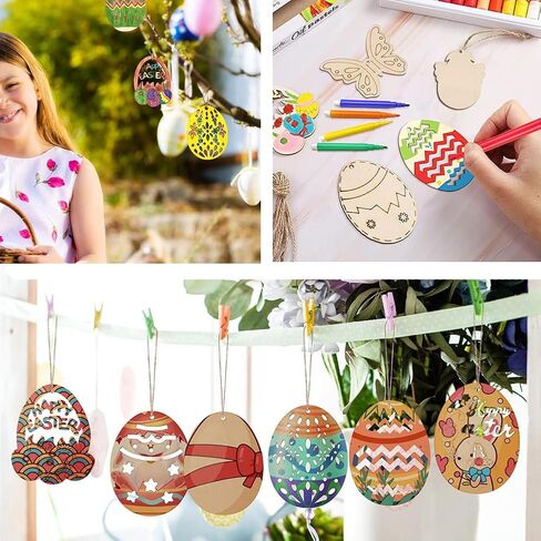 Easter Egg Wooden 40pcs Unfinished Wooden Easter Egg Hanging Ornaments for Easter Party Kids Paint Home Party Decoration Craft Project (Color-A) in Kuwait