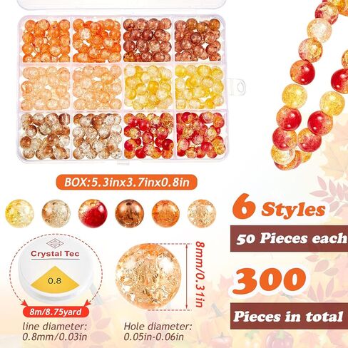 Taiyin 300 Pcs Crackle Glass Beads 8mm Bulk Fall Beads Glass Bracelet Beads 8mm Crackle Glass Beads for Jewelry Making Loose Round Beads 6 Styles for Christmas Tree Thanksgiving Craft(Bright Colors) in Saudi Arabia