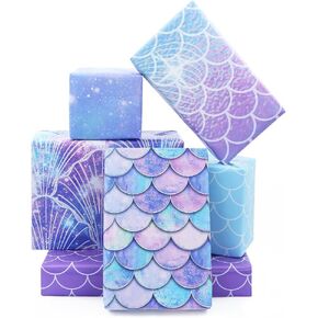 Reversible Mermaid Wrapping Paper, 6pcs Purple Blue Mermaid Scale Scallop Galaxy Gift Wrap Papers, Under the Sea Ocean Theme Art Paper for Kids Girls Birthday Baby Shower DIY Crafts Gift Packing Sheet