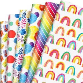 AnyDesign 12 Sheet Birthday Wrapping Paper 6 Designs Watercolor Rainbow Bubble Stripes Gift Wrap Paper Bulk Colorful Art Paper for Birthday Bridal Baby Shower DIY Crafts Gift Packing, 19.7 x 27.6 In