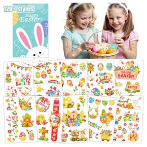 Partywind 15 Sheets Glitter Easter Temporary Tattoos, 120+ Styles Easter Basket Stuffers for Kids Easter Party Supplies Favors Fillers, Spring Party Decorations with Easter Eggs/Rabbits/Chicks