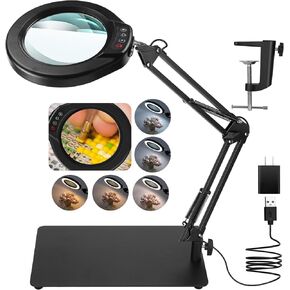 5 Inch Large Magnifying Glass with Light and Stand, 2-in-1 LED Lighted Magnifier, 5 Color Modes Stepless Dimmable, Hands Free 10X Magnifying Desk Lamp with Clamp for Craft Hobby Repair Close Works
