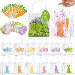 Sweetude 24 Pcs Easter Bags With Carrot Egg Tags Raffia Paper Shreds Clear PVC Gift Bags with Handles Easter Egg Bunny Treat Tote Gift Goodie Candy Party Favors Supplies,6.3 x 5.9 x 2.76 Inch