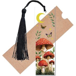 CREATCABIN Mushroom Pressed Acrylic Bookmarks Transparent Bookmark Rectangle Book Marker Tag with Tassel Printed Mushrooms Reader Cultural Gift for Book Lovers Students Birthday 4.6x1.3 Inch