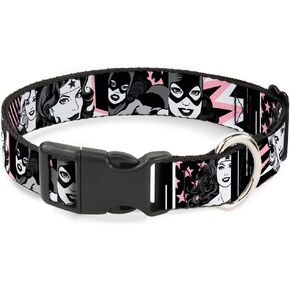 Buckle-Down Batgirl/Wonder Woman/Supergirl Retro Panels Black/Pink/White Plastic Clip Collar, Medium/11-17"