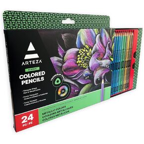 ARTEZA Metallic Colored Pencils, 24 Coloring Pencils Set, Triangular Grip, Pre-Sharpened, Art Supplies for Drawing and Coloring