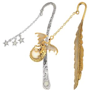 2 Pcs Luminous Bookmark Carved Hook Page Markers Antique Dragon Feather Book Mark Glow in The Dark Moon Stars Pendant Reading Accessories Gift for Bookworm Readers Crafting DIY
