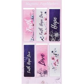 Christian Art Gifts Magnetic Scripture Bookmark Set for Women: Faith,Hope, Love - 1 Corinthians Inspirational Floral Pink Magnetic Bible Verse Pagemarker Set of 6 for Bibles and Books Size 2.3" x 0.8"