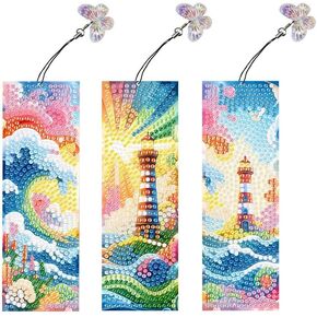 pigpigboss 3 Pieces Lighthouse Diamond Painting Bookmark Kit, Sea Wave Diamond Art Bookmark, Acrylic Bookmark Sea View Diamond Painting Dot for Adult Book Decor