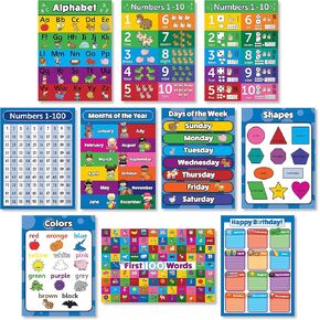 10 Laminated Toddler Educational Posters - ABC - Alphabet, Numbers 1-10, Shapes, Colors, Numbers 1-100, Days of The Week, Months of The Year, Birthday (18 x 24)