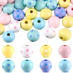 160 Pieces Easter Wood Beads Craft Farmhouse Wooden Beads Colorful Pastel Beads Round Polka Dot Loose Bead Craft Supply for Garland Making Women Men DIY Home Party Decor, 16mm