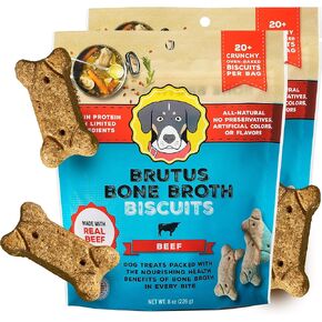 Brutus Bone Broth Biscuits (Beef) - Healthy Dog Treats - Natural Dog Biscuits with Dog Bone Broth and Real Beef for Healthy Joints - 18 Grams of Protein - 8 OZ (Pack of 2)