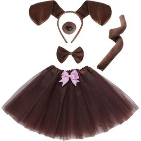 Puppy Dog Costume Tutu Set Brown Dachshund Dog Ears Headband Bowtie Nose Tail Tutu Skirt Animal Costume for Halloween Cosplay Party