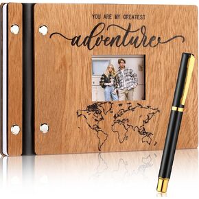 Visitor Wooden Guest Book with Pen 8 x 6 Inches 120 Pages Memory Scrapbook Rustic Signature Party Sign in Xmas Gift for Couple Guests Book