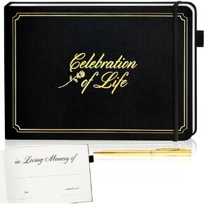 'Celebration of Life' Funeral Guest Book - Premium Black PU Leather, Gold Embossed, 124 Pages, Pen Included - Elegant Memorial Service Book with Storage Pocket for Condolence and Sympathy Messages