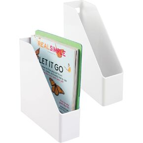 mDesign Plastic Slim Vertical File Folder Storage Organizer Bin with Handle - Hold Notebooks, Binders, Envelopes, Magazines for Home Office, Work Desktops, Ligne Collection, 2 Pack, White