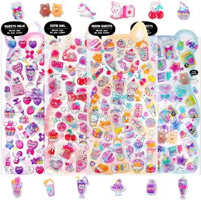 3D Glitter Puffy Stickers for Kids Girls- Scented Smelly Sticker with Shaking Beads Gem Embellishment for Students, Unique Sparkly Cute Decorative Stickers for Teachers Adults, 6 Sheet
