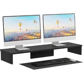 Dual Monitor Stand Riser, Large Computer Monitor Stand for Desk, Monitor Riser for 2 Monitors, Wood Desk Shelf for Top of Desk, Desktop Organizer for Computer, Laptop, Printer, TV, Black