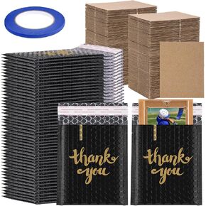 Tatuo 151 Pcs Trading Card Shipping Protector Set Include 100 Corrugated Cardboard Sheets Inserts 50 Thank You Poly Bubble Mailers Padded Envelopes and Masking Tape for Trading Card Packaging