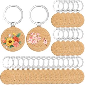 SENENQU 50 PCS Wooden Keychain Blanks Unfinished Wood Key Chain Bulk Wood Engraving Blanks Unfinished Round Wood Key Ring Key Tag for Engraving DIY Crafts Gift 40mm