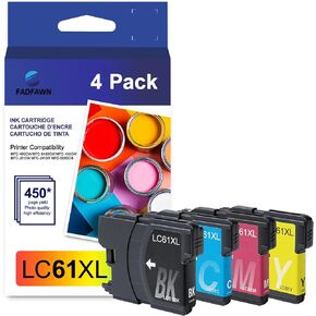 LC61 High Yield Ink Cartridges (Black/Color, Pack of 4) Compatible for Brother LC61XL LC65 LC61BK LC61C LC61M LC61Y Ink Cartridge use with MFC-490CW MFC-495CW MFC-6490CW MFC-6890CDW Printer