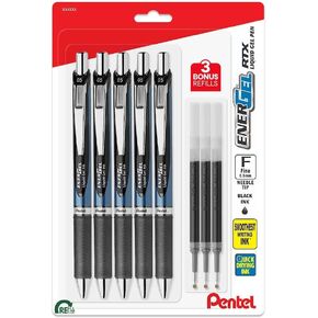 Pentel Energel 0.7 mm Deluxe Rtx - Energel Liquid Gel Ink Pens 0.7 mm - Medium Point - Pack of 5 Black Needle Tip Pens with 3 Refills