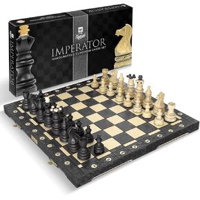 Wegiel Handmade European Ambassador Chess Set - Wooden 21 Inch Beech & Birch Board with Felt Base - Carved Hornbeam & Sycamore Wood Chess Pieces