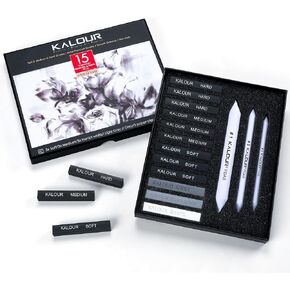 Kalour 15 Pro Pro Compressed Charcoal Set مع جذوع مزج - ناعمة ، متوسطة ، صلبة وأبيض - عصي الفحم لرسم التظليل - الإمدادات الفنية للفنانين المبتدئين البالغين