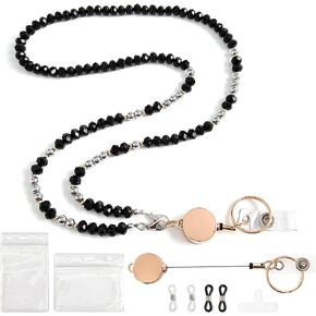 Buite Retractable Lanyards for ID Badges and Keys, Beaded Lanyards for Women, Teacher/Nurse Lanyards for ID Badges with Natural Stone(Black-1)